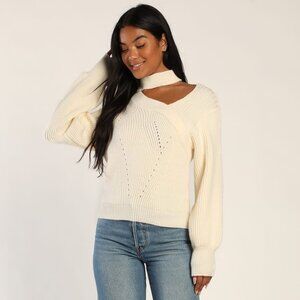 NEW Lulus Trendy Forecast Ivory Pointelle Knit Mock Neck Cutout Sweater Small